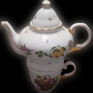 Beautiful stackable 3 piece porcelain fruit basket teacup & teapot with lid.